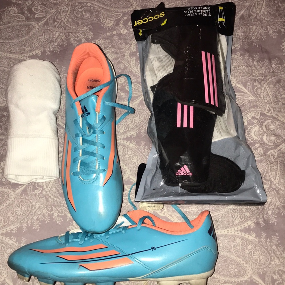 Girls size 10 adidas soccer shoes, shin guards